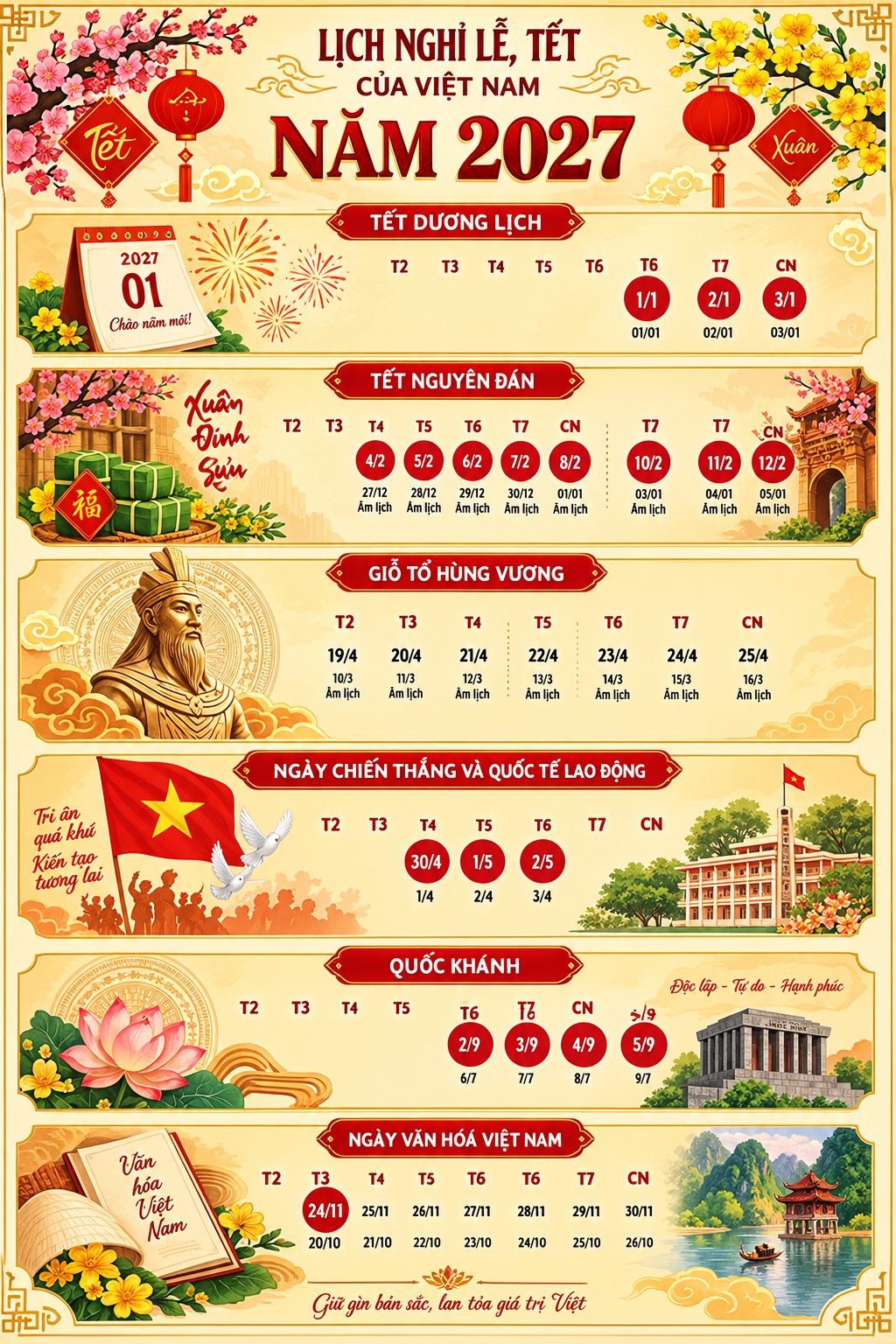 Lịch nghỉ lễ, Tết năm 2027 chính thức chi tiết